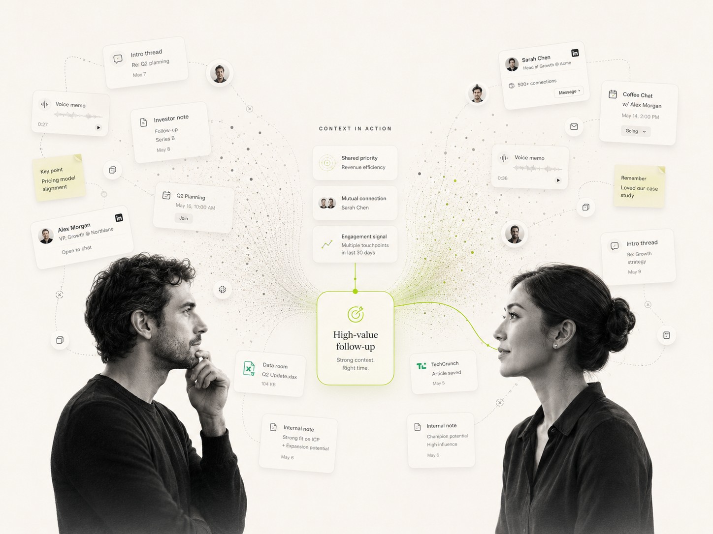 At a conference you meet about 40 people, but only a handful of follow-ups ever get worked — relevnt captures every signal and works the follow-up gap.